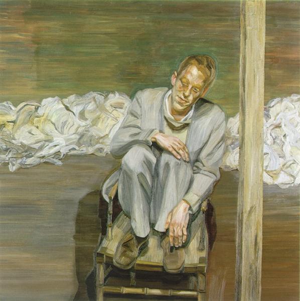 Oil painting by Lucien Freud of a red haired man sitting in a chair